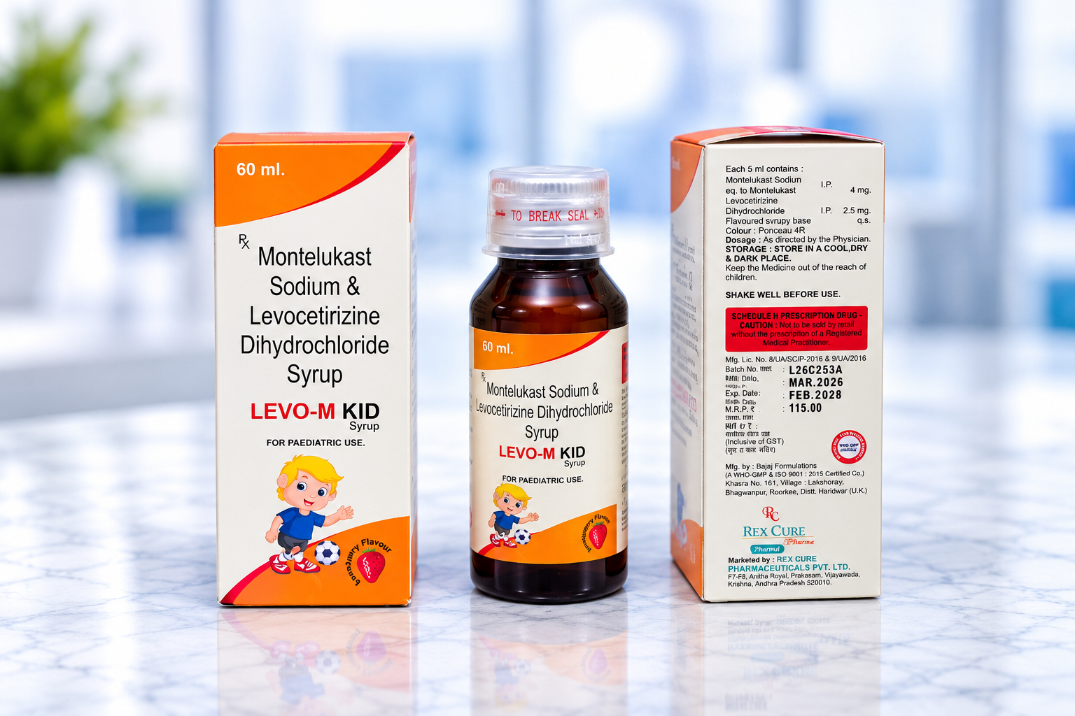 LEVO-M KID - Montelukast Sodium & Levocetirizine Dihydrochloride Syrup LEVO-M KID (Montelukast Sodium & Levocetirizine Dihydrochloride Syrup) - Allergy Care pharmaceutical packaging by RexCure Pharma