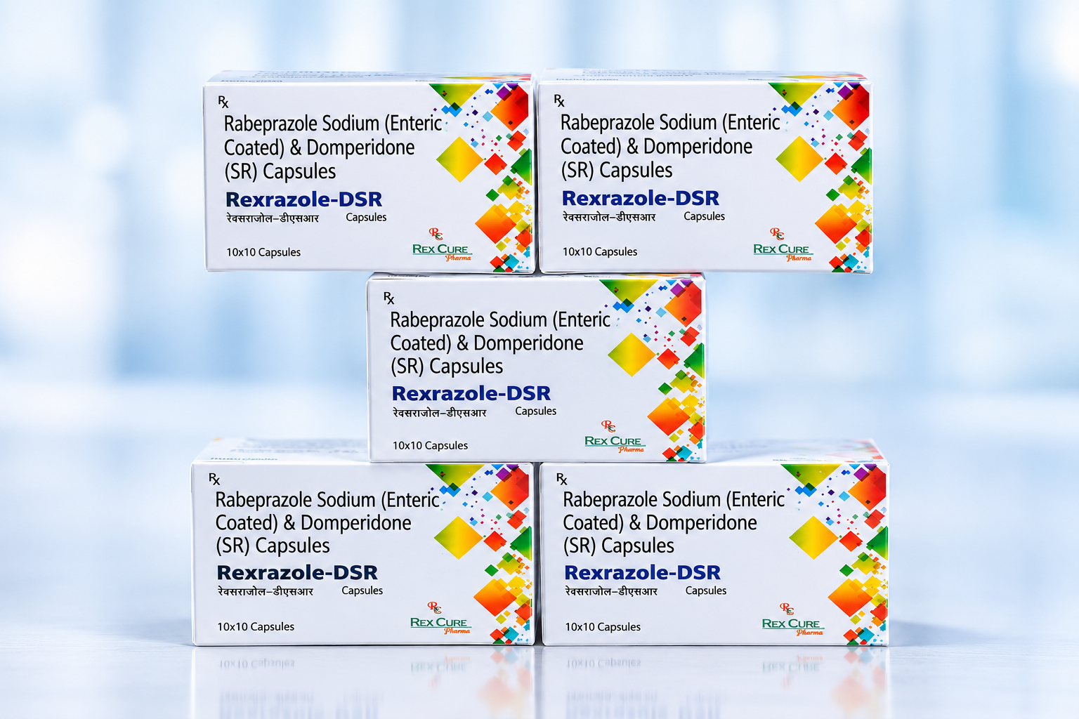 REXRAZOLE-DSR - Rabeprazole Sodium & Domperidone (SR) Capsules REXRAZOLE-DSR (Rabeprazole Sodium & Domperidone (SR) Capsules) - Gastro Care pharmaceutical packaging by RexCure Pharma
