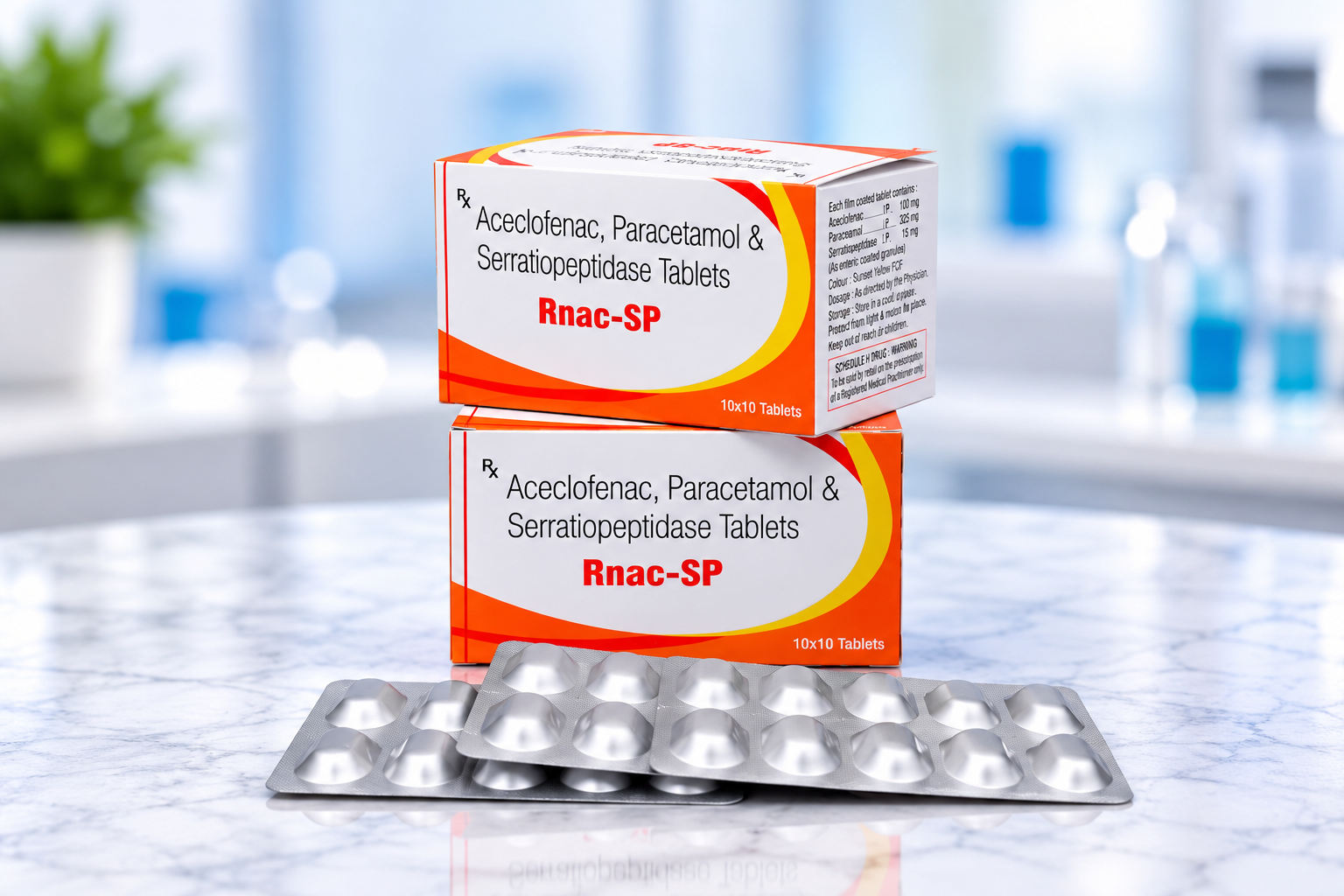 RNAC-SP - Aceclofenac, Paracetamol & Serratiopeptidase Tablets RNAC-SP (Aceclofenac, Paracetamol & Serratiopeptidase Tablets) - Pain Management pharmaceutical packaging by RexCure Pharma